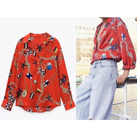 Zara Nautical Print Satin Blouse in Red size Large - Picture 2 of 10